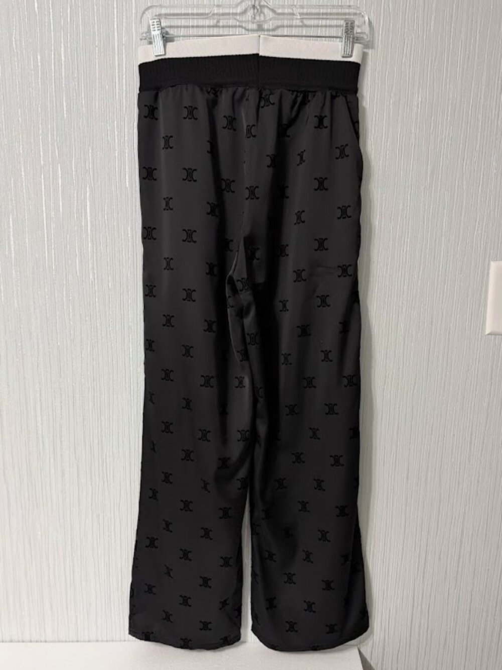 Black Monogram Satin Wide Leg Lounge Pants Drawstring Relaxed Fit Size M - Picture 3 of 8